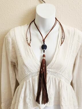 Boho Suede Tassel Necklace with Blue Glass Bead and Jasper Accents